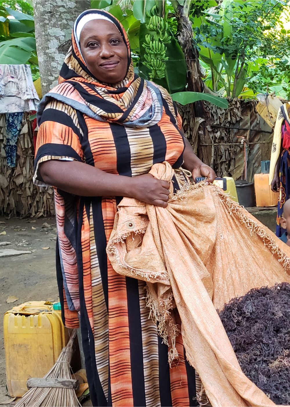 A woman stands holding seaweed in a cloth.
